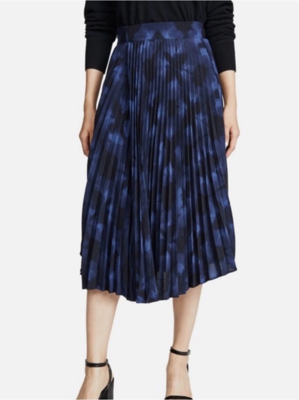 NWT Vince Winter Tie Dye Black Navy Blue Asymmetrical Pleated Midi Skirt Sz 8